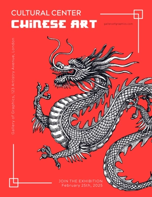 China style flyer design template. Chinese dragon hand-drawn vector illustration. NOT AI generated